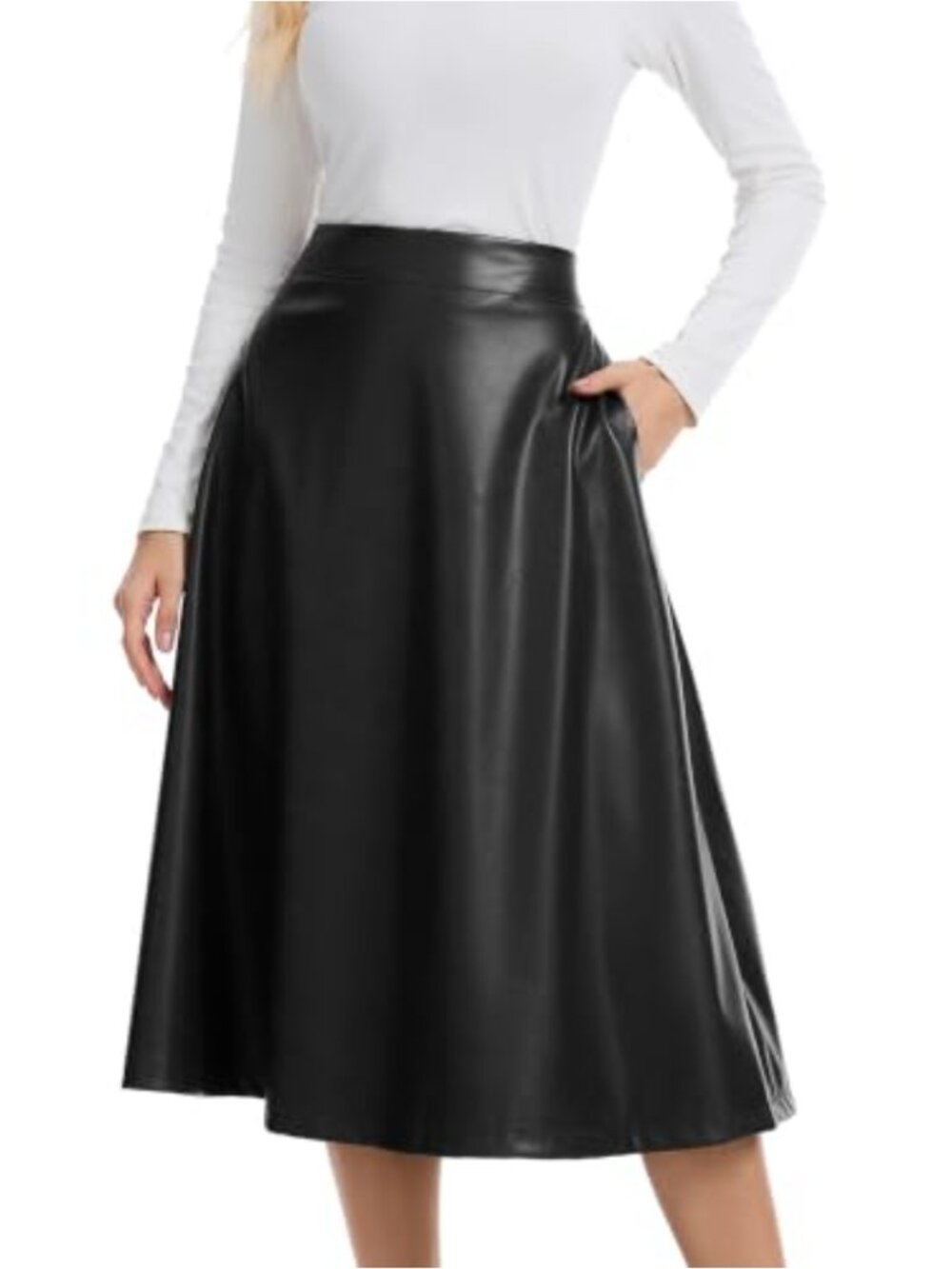 Women Faux Leather High Waist A-Line Midi Skirt Pockets Office Wear